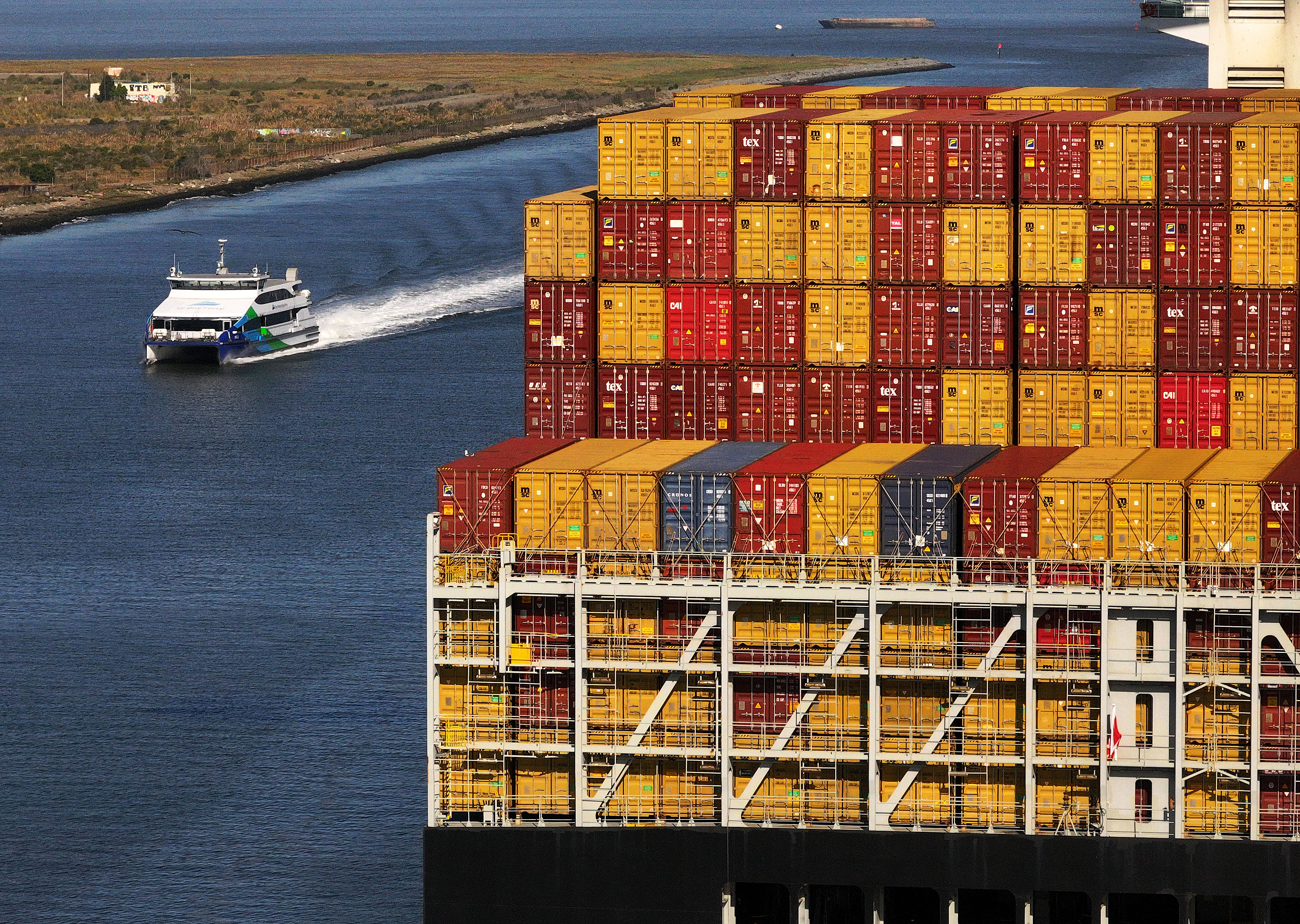 Aerial view of cargo ship at the Port of Oakland.